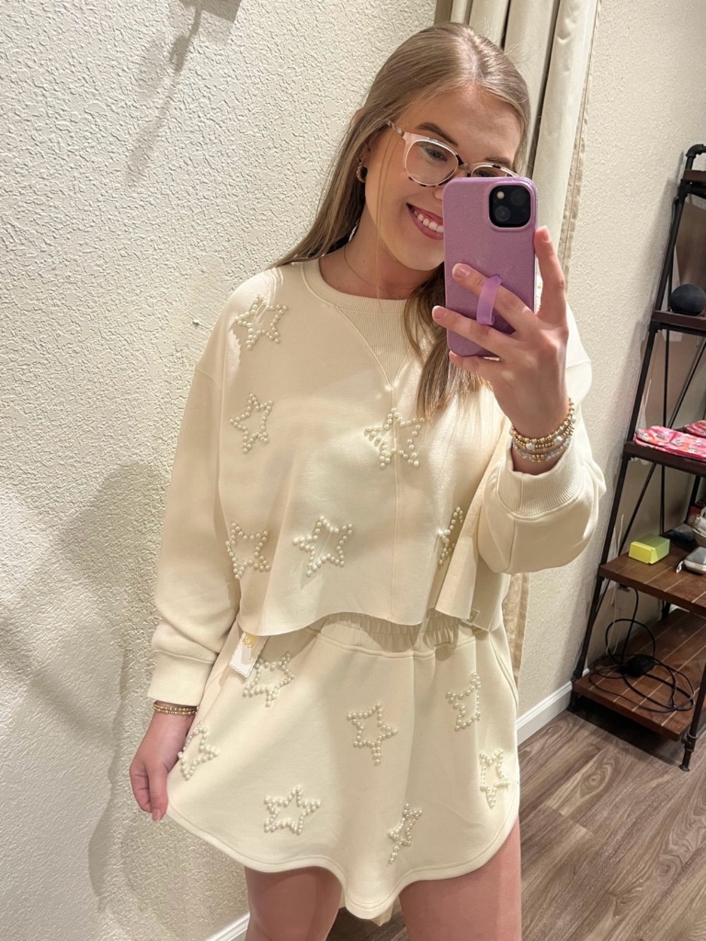 NWT Simply Southern Pearl Embellished Star Off White Sweatshirt + Skort Set - Picture 1 of 9